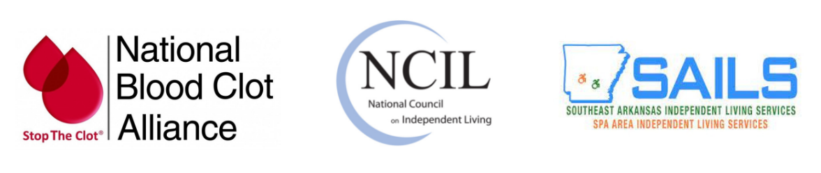 Logos for the National Blood Clot Alliance, National Council on Independent Living, and SAILS, the Spa Area Independent Living Services