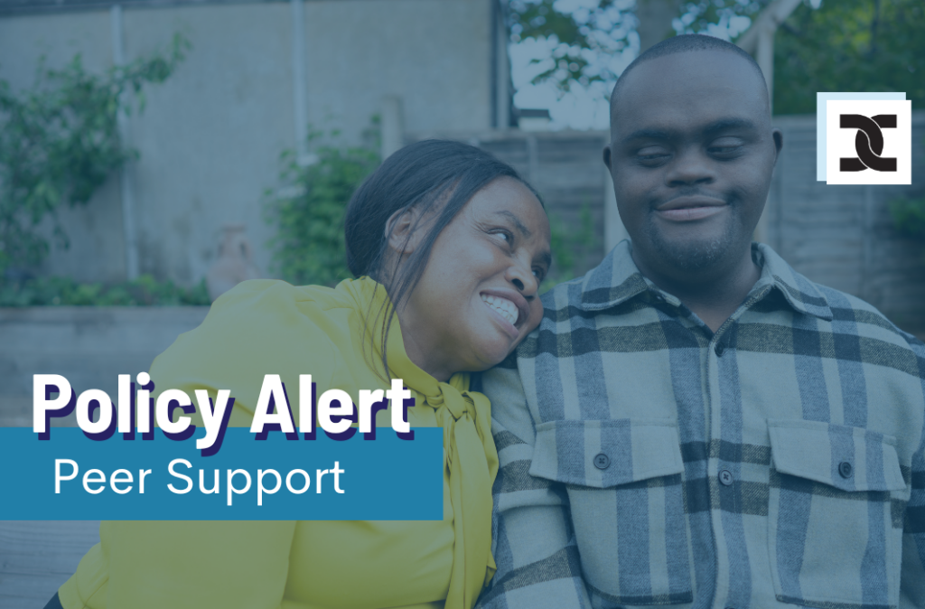 Policy Alert - Peer Support. Shows two people sitting next to each other in the park.