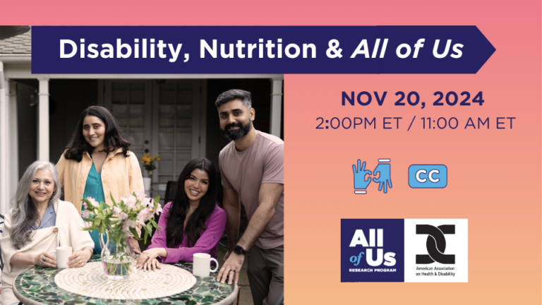 Disability, Nutrition and All of Us. A family of four seated at a tea table outside.