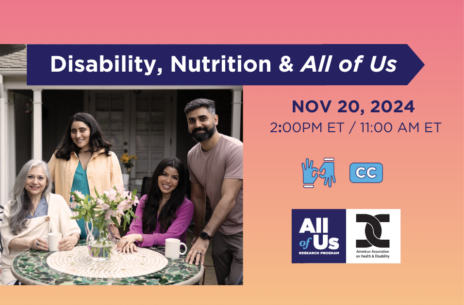 Disability, Nutrition and All of Us. A family of four seated at a tea table outside.