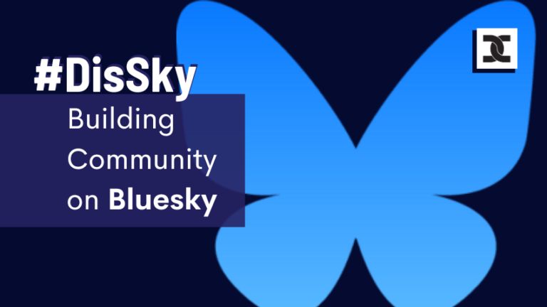 #DisSky - Building Community on Bluesky. The butterfly Bluesky logo.