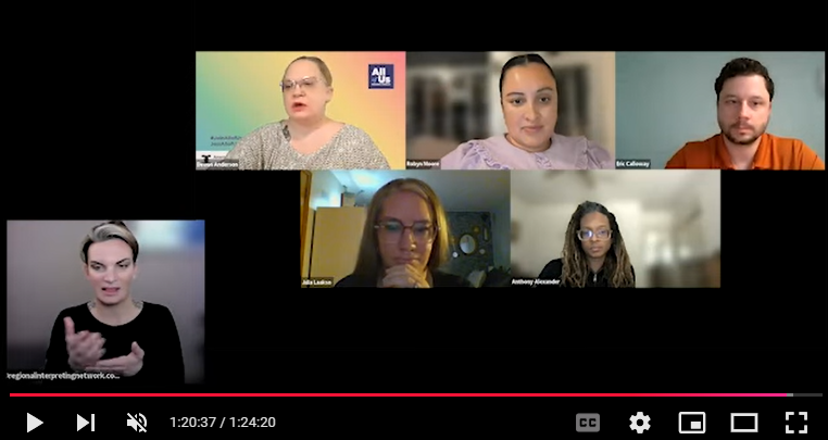 Screenshot of the webinar, showing moderator, four speakers and the ASL interpreter.