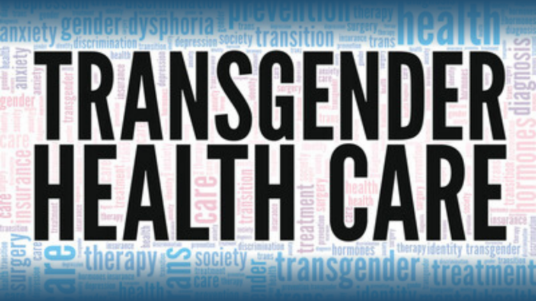 Transgender Health Care. A word cloud behind reads: therapy, treatments, transition, mental health, etc.