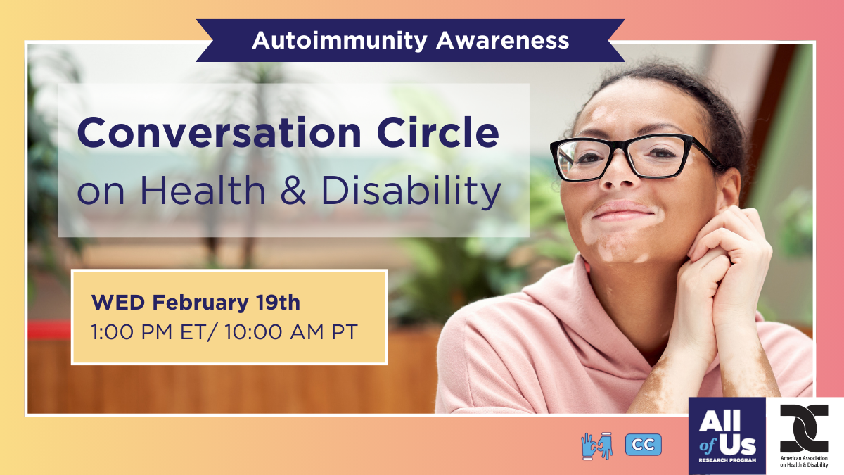 Conversation Circle on Health and Disability - Autoimmunity Awareness. Wed, February 19th. A woman with vitiligo seated outside.