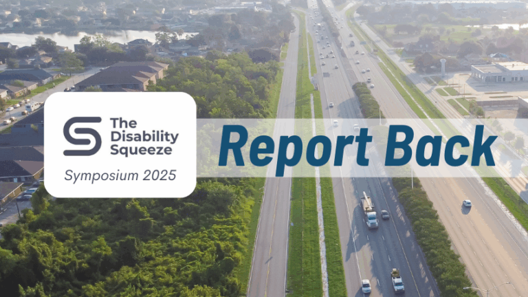 The Disability Squeeze Symposium 2025 Report Back. Aerial view of a well-trafficked highway cutting between suburban neighborhood and industrial zones.