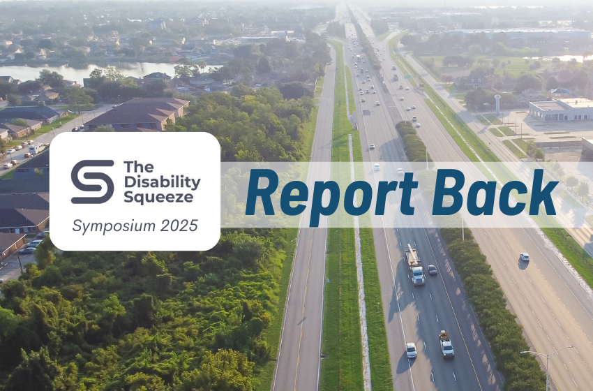 The Disability Squeeze Symposium 2025 Report Back. Aerial view of a well-trafficked highway cutting between suburban neighborhood and industrial zones.